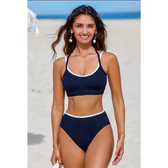 Cupshe Blue and White Strappy Ribbed High Cut Bikini Size Medium New - Picture 1 of 5